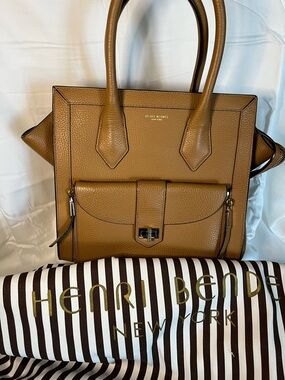 henri bendel tan pebbled leather satchel with front pocket